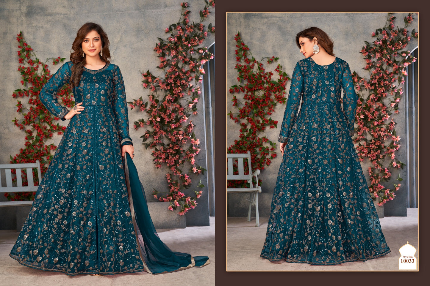 Floral Embroidered Net Front-Open Suit with Satin Pants & Dupatta