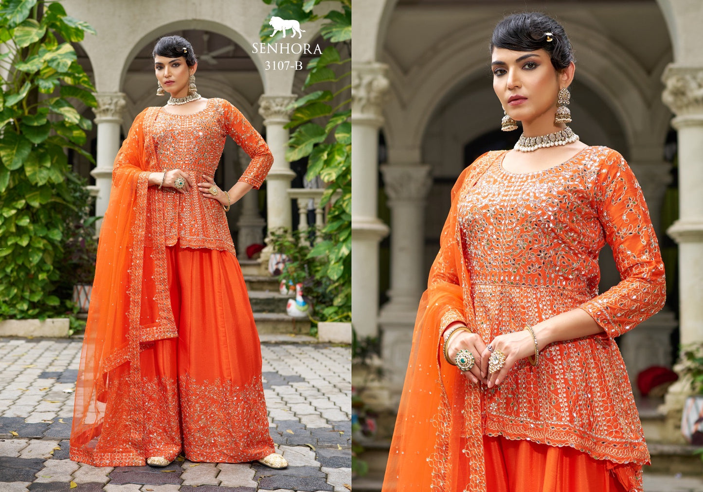 Chinon Sharara Set with Real Mirror Embroidery & Net Dupatta