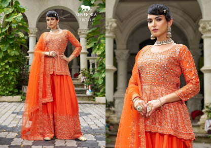 Chinon Sharara Set with Real Mirror Embroidery & Net Dupatta