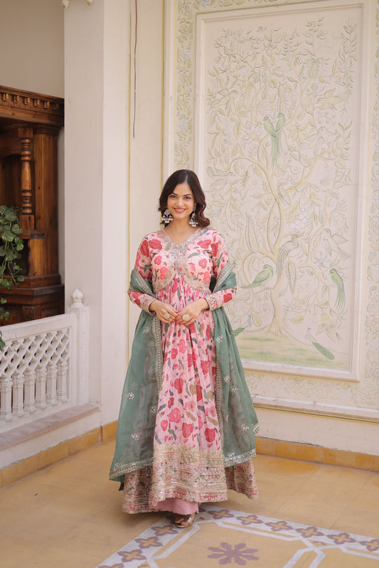 Floral digital printed gown with dupatta