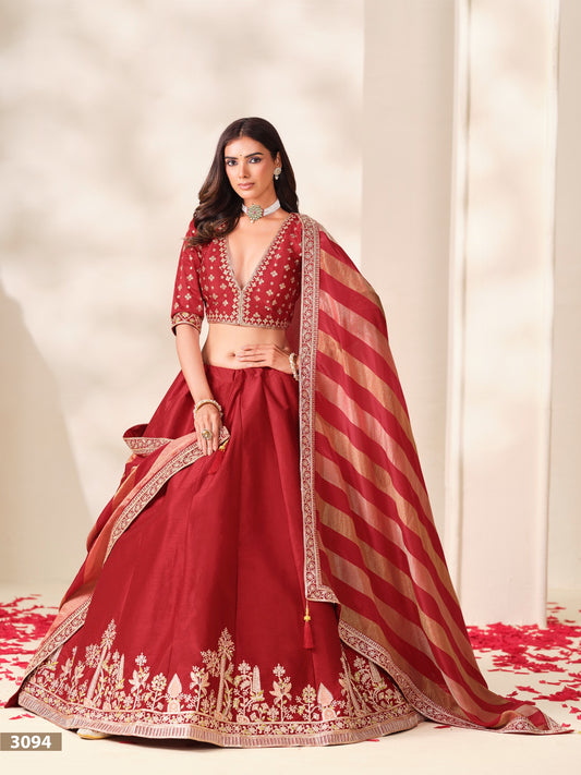 Embroidered Art Silk Lehenga Set with Gold-Striped Dupatta