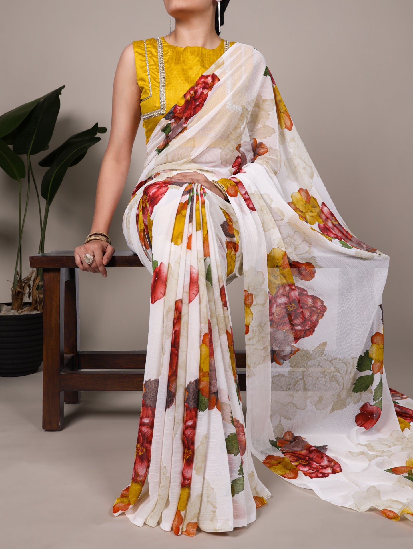 Chiffon Floral Printed Saree with Stitched Banglory Blouse