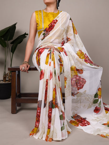 Chiffon Floral Printed Saree with Stitched Banglory Blouse
