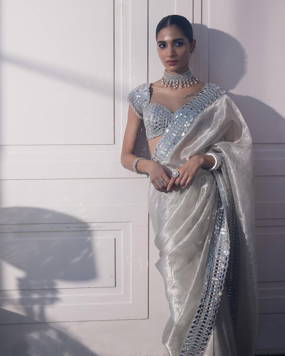 Soft Satin Organza Saree with Real Mirror Work Embroidery