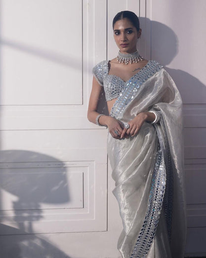 Soft Satin Organza Saree with Real Mirror Work Embroidery