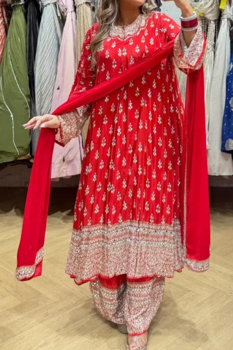 Pure crepe suit set with handwork detailing on print full flaired anarkali