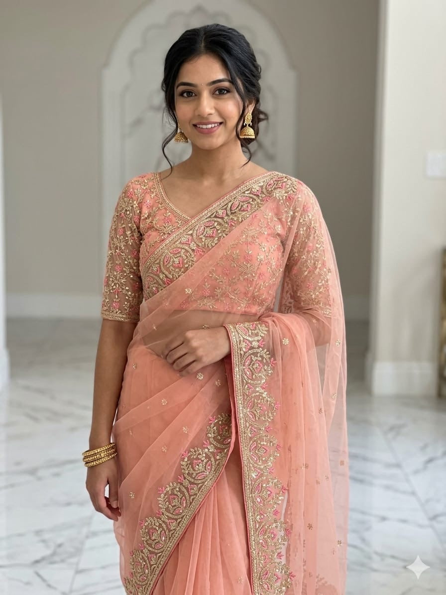 Peach Butterfly Net Saree with Intricate Zari Embroidery and Scalloped Borders