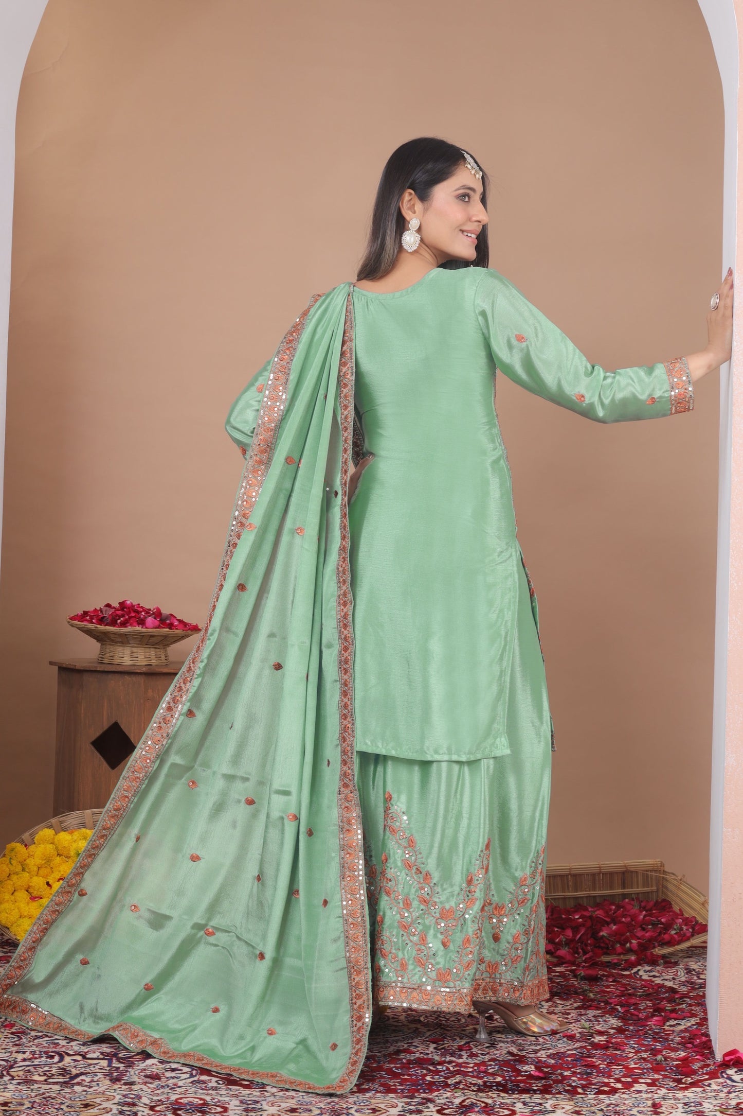 Designer Chinon Sharara Suit Set with Sequin Embroidery & Dupatta