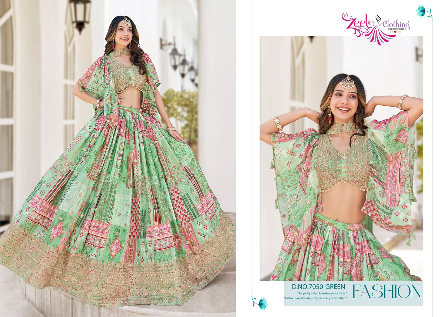 Voluminous printed lehenga paired with matching patterned cape-style dupatta