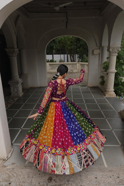 Multi-Color Bandhani & Kutchi Mirror Work Navratri Lehenga Choli