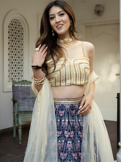 Navy Blue Printed Lehenga Choli with Cream Dupatta