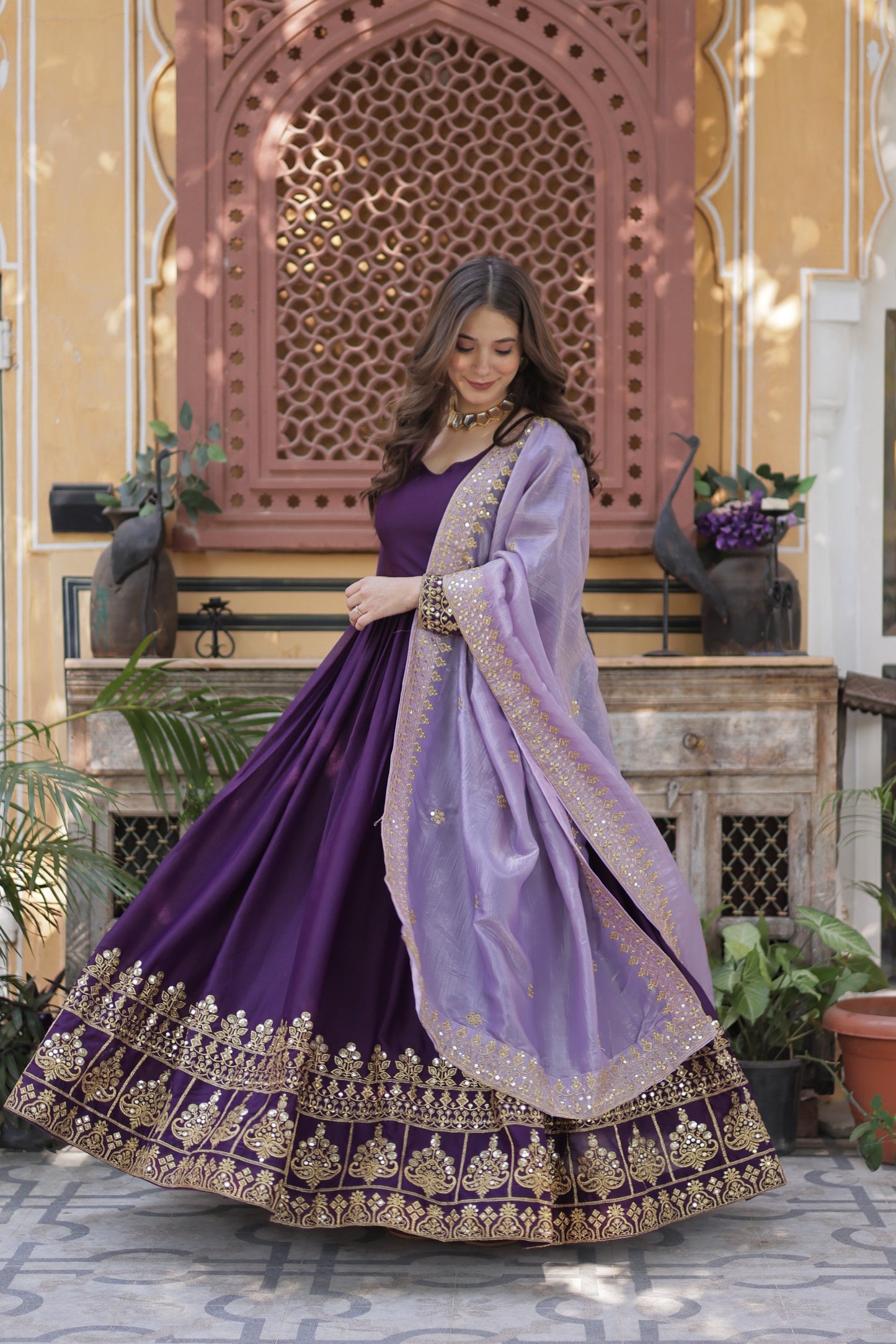 Designer Readymade Gown - Star Georgette Embroidered with Zari Sequins & Dupatta