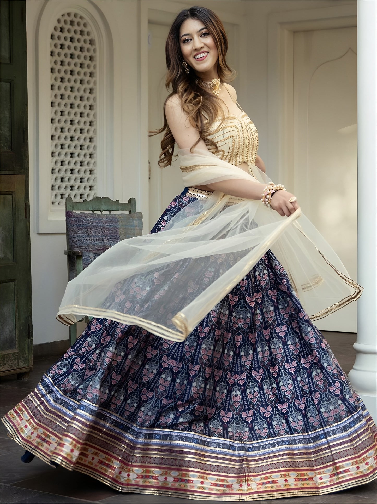 Navy Blue Printed Lehenga Choli with Cream Dupatta