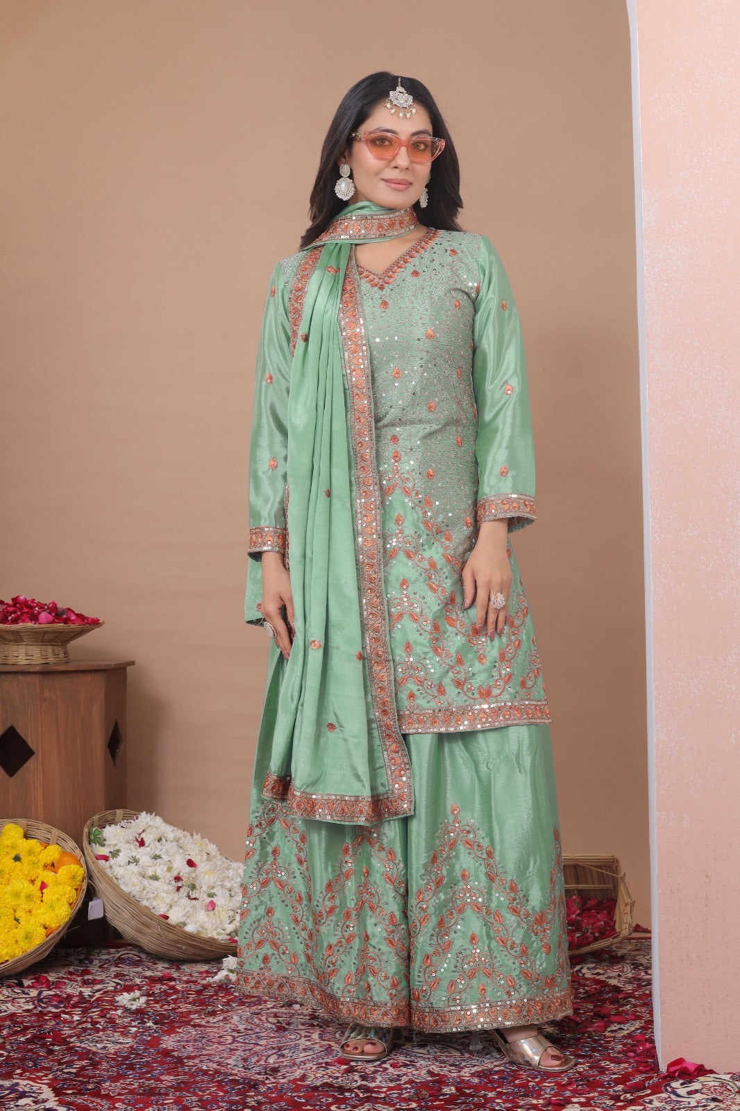 Designer Chinon Sharara Suit Set with Sequin Embroidery & Dupatta
