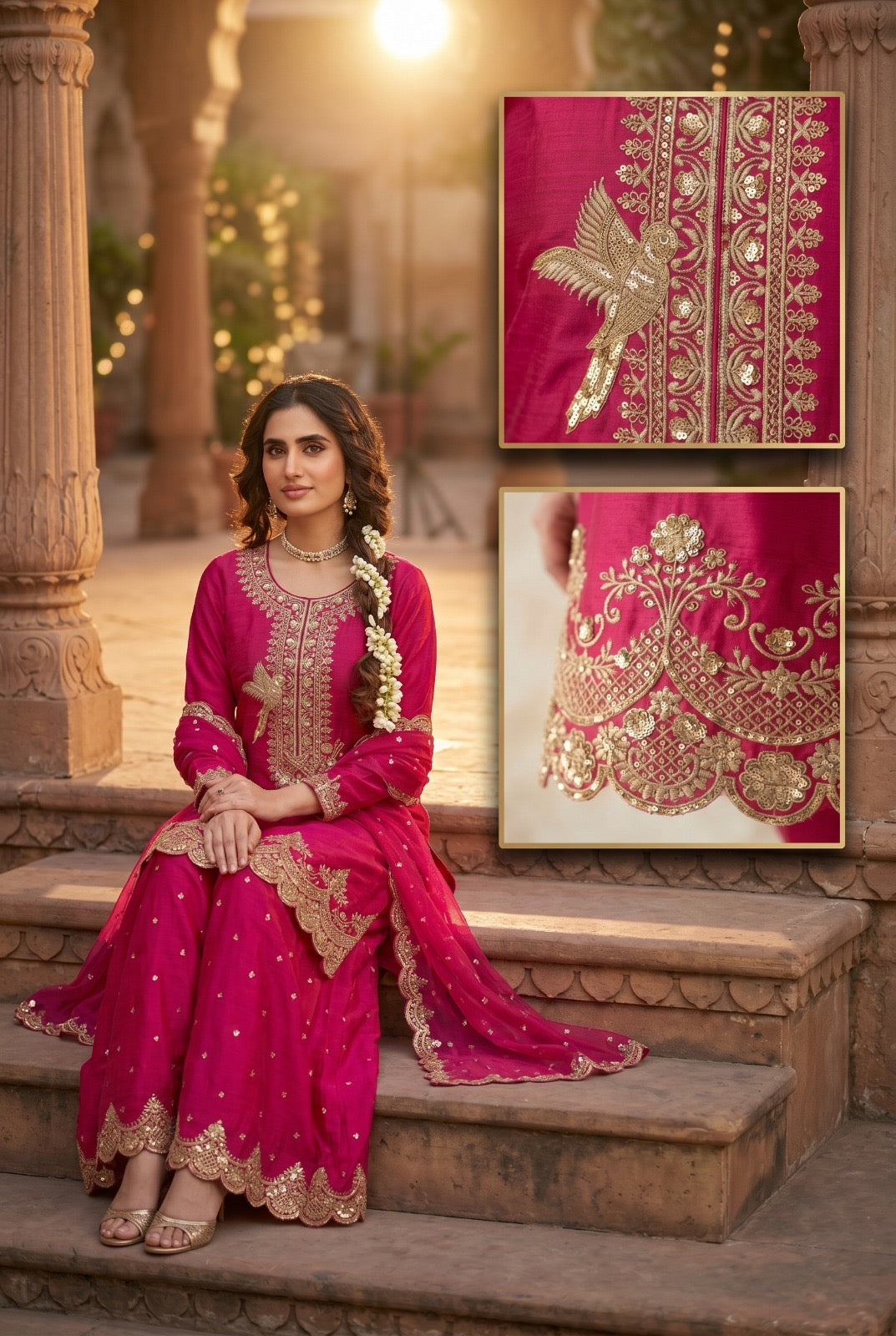 Festive Tora Silk Plazo Set with Embroidery work