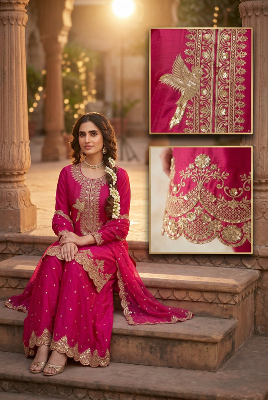 Festive Tora Silk Plazo Set with Embroidery work