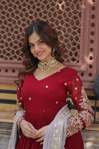 Crimson Red Faux Blooming Anarkali Gown with Zari Sequin Embroidery & Dupatta