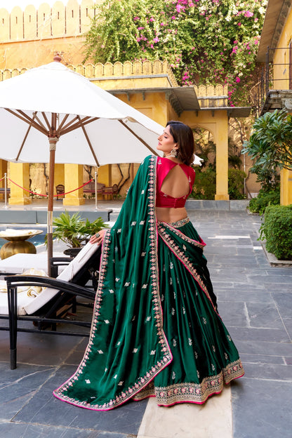 Festive Emerald Green Silk Satin Lehenga Choli with Sequin Embroidery & Dupatta
