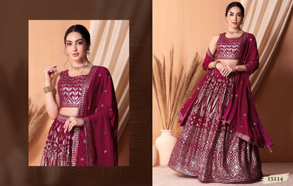 Traditional lehenga choli, featuring intricate metallic foil work