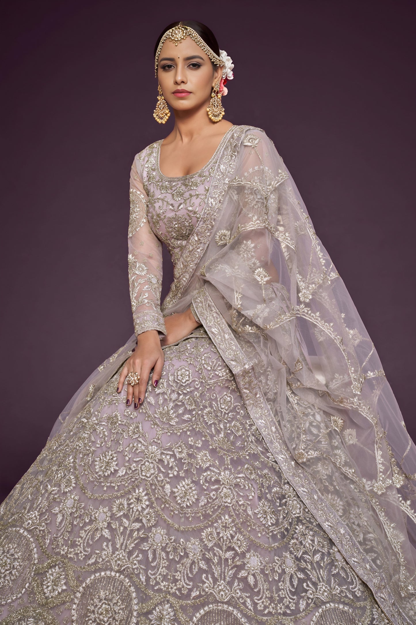 Soft Lavender Heavy Embroidered Net Lehenga Choli with Dupatta