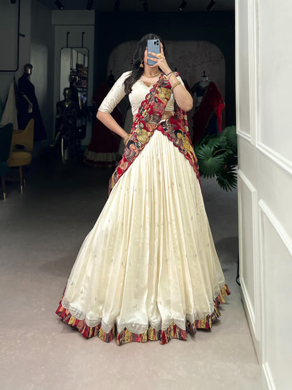 Vichitra Silk Lehenga Choli with Kalamkari Print Border & Tasar Silk Dupatta