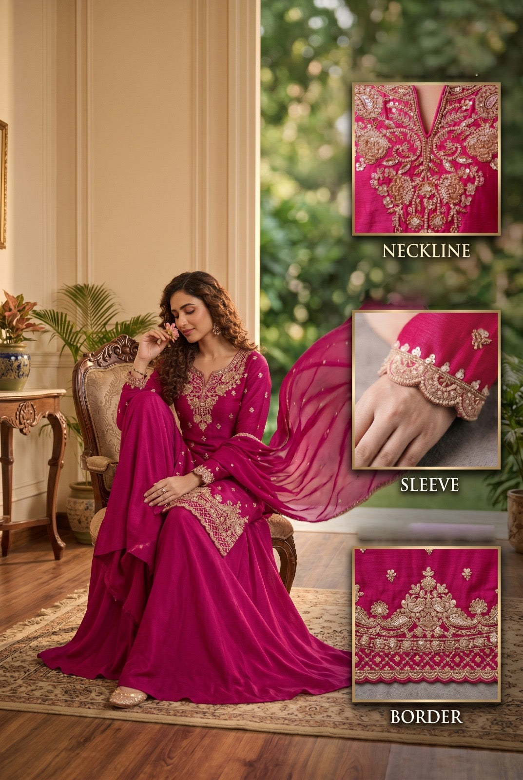 Premium Chinon plazo Suit with Intricate beads work