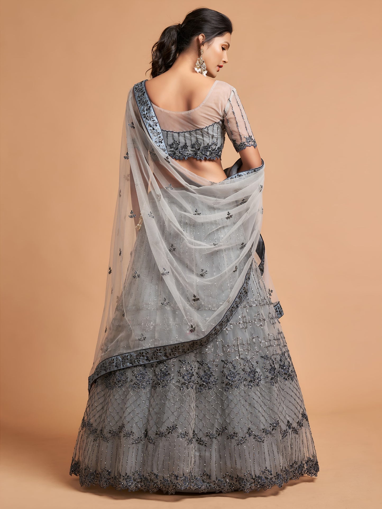 Elegant Grey Embroidered Net Lehenga Choli