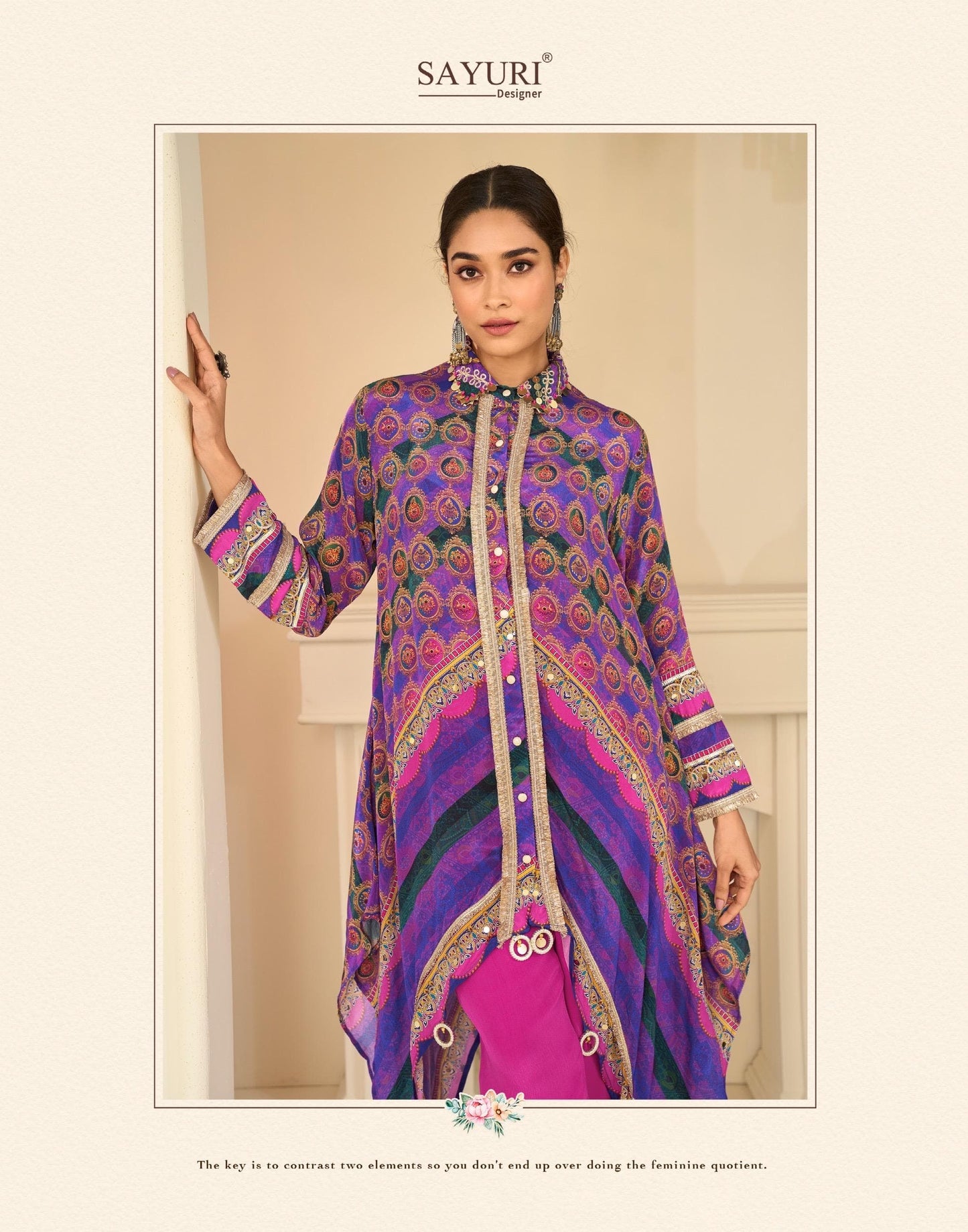 Multi-Color Geometric Print High-Low Tunic with Embellished Trousers with handbag