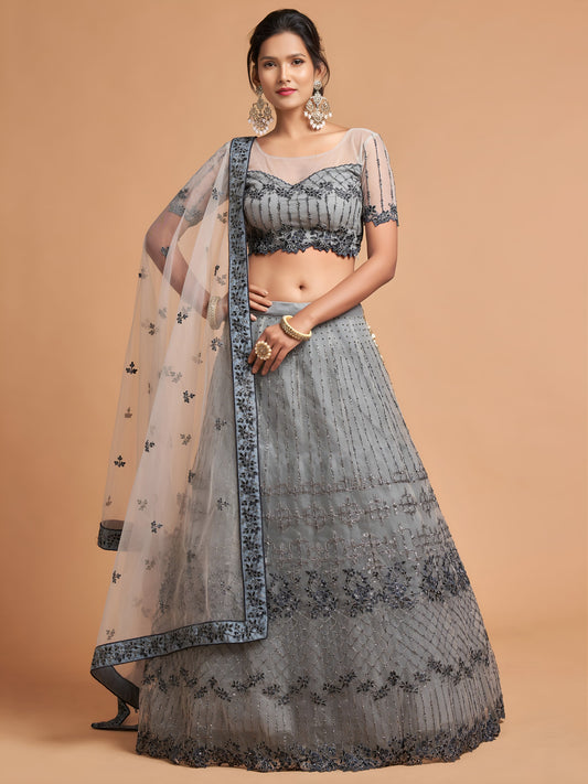 Elegant Grey Embroidered Net Lehenga Choli