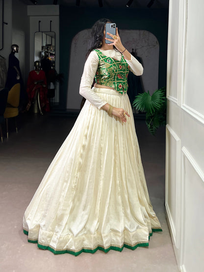 Pleated Lehenga Skirt with Green Jacquard Silk Jacket