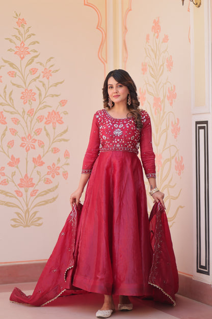 Anarkali Flared Gown with Gold Crush Fabric & Beads Embroidery