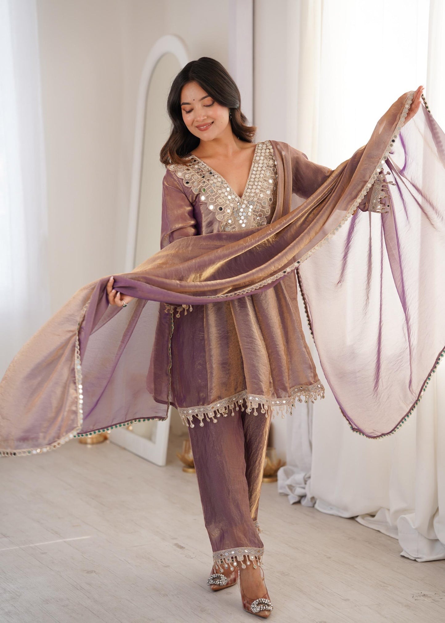 Fendy Fabric Kurti with Real Mirror Embroidered Work Bottom and Dupatta