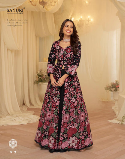 Floor-length, front-jacket floral embroidered lehenga