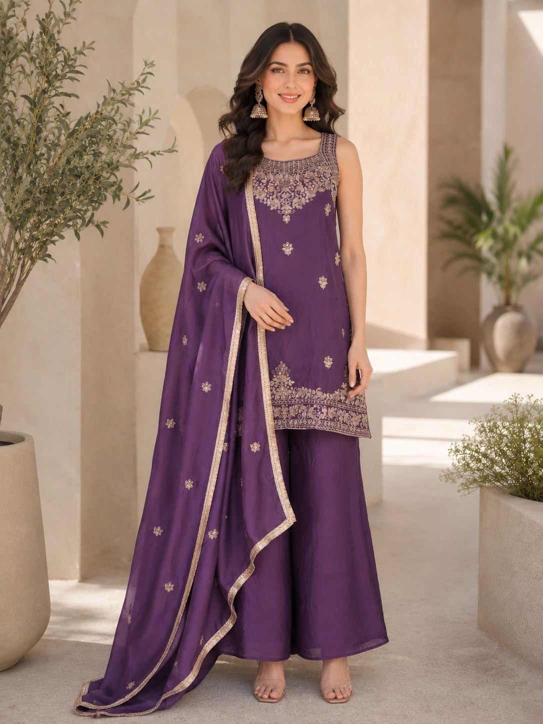 Gold Zari Rangoli Crush Straight-Cut Kurta Palazzo Set with Dupatta