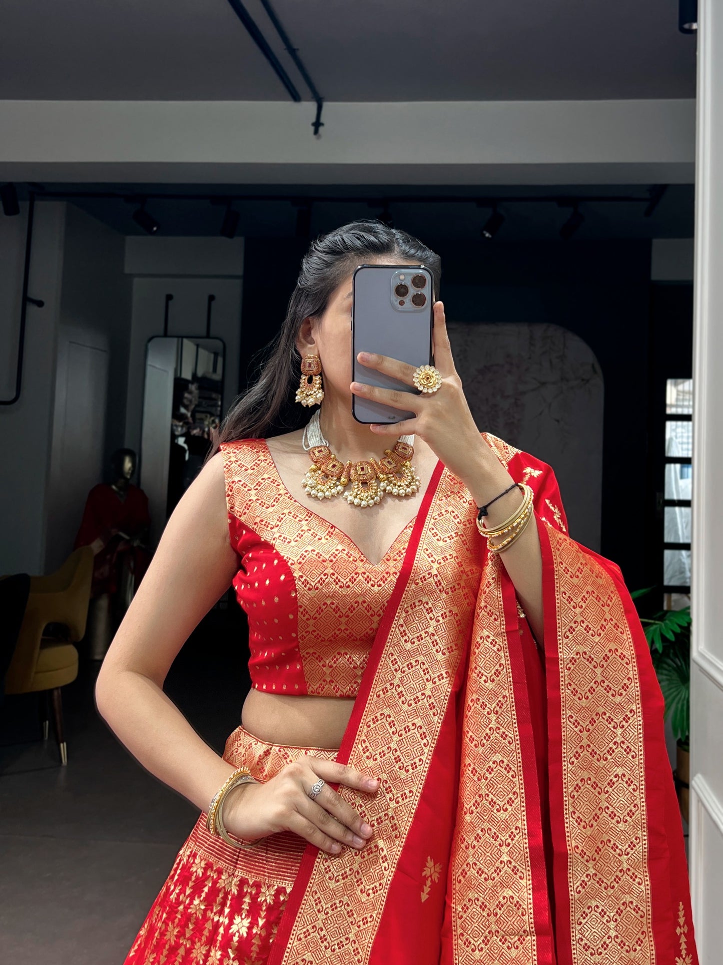 Regal Banarasi Silk Lehenga Choli with Zari Weaving & Dupatta