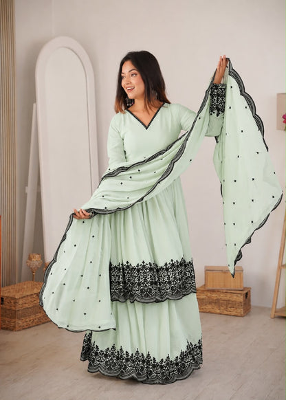 Premium Faux Georgette Embroidery Thread Plazo Suit Set with Dupatta