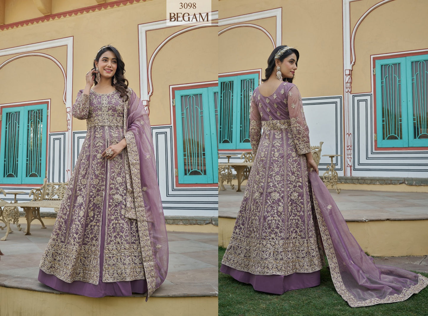 Embroidered Jacket-Style Anarkali Gown with Matching Lehenga & Net Dupatta