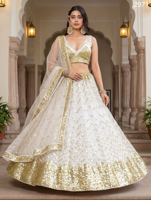Golden Sequin work Designer White Bridemaid lehenga choli