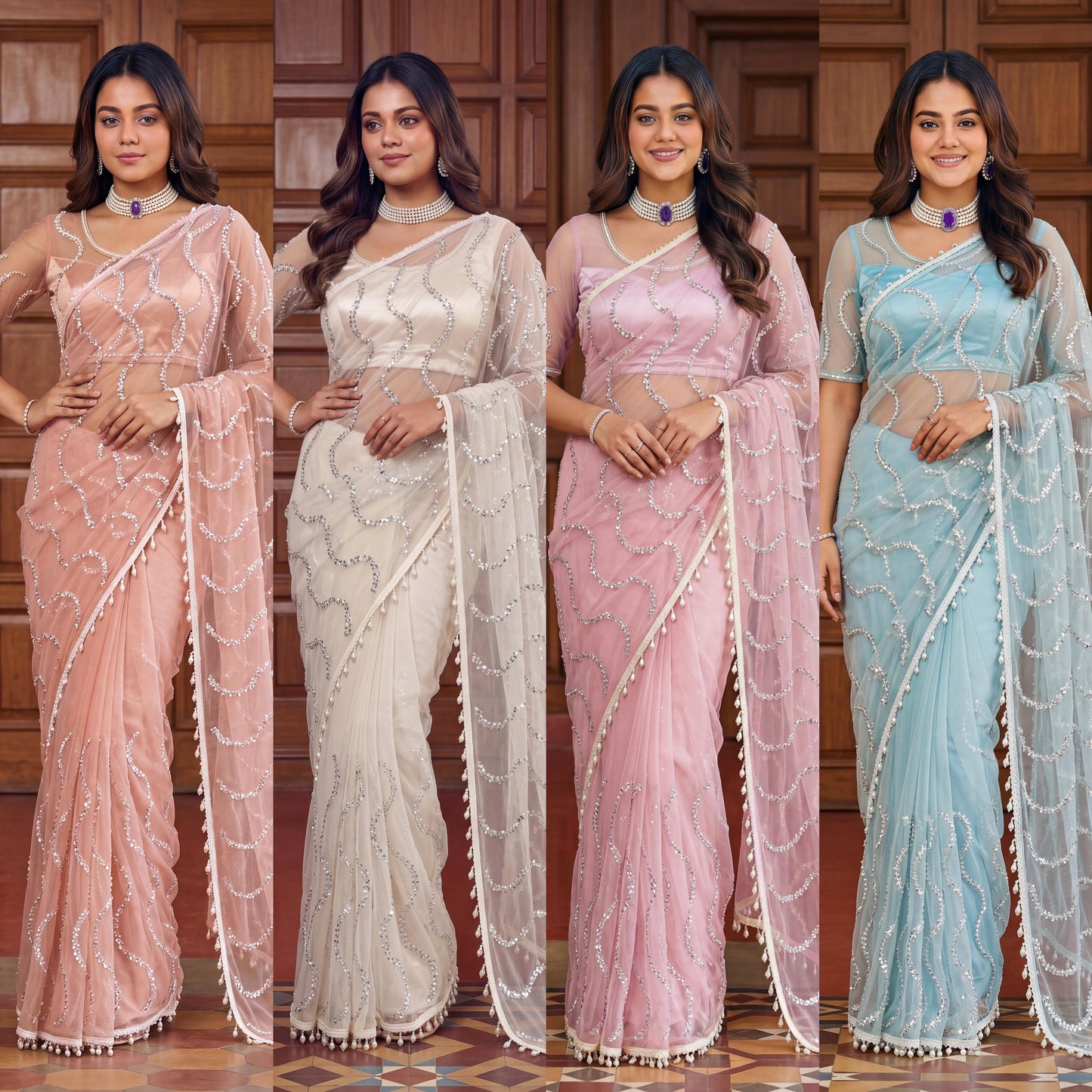 Designer handwork net saree with pearl tassles