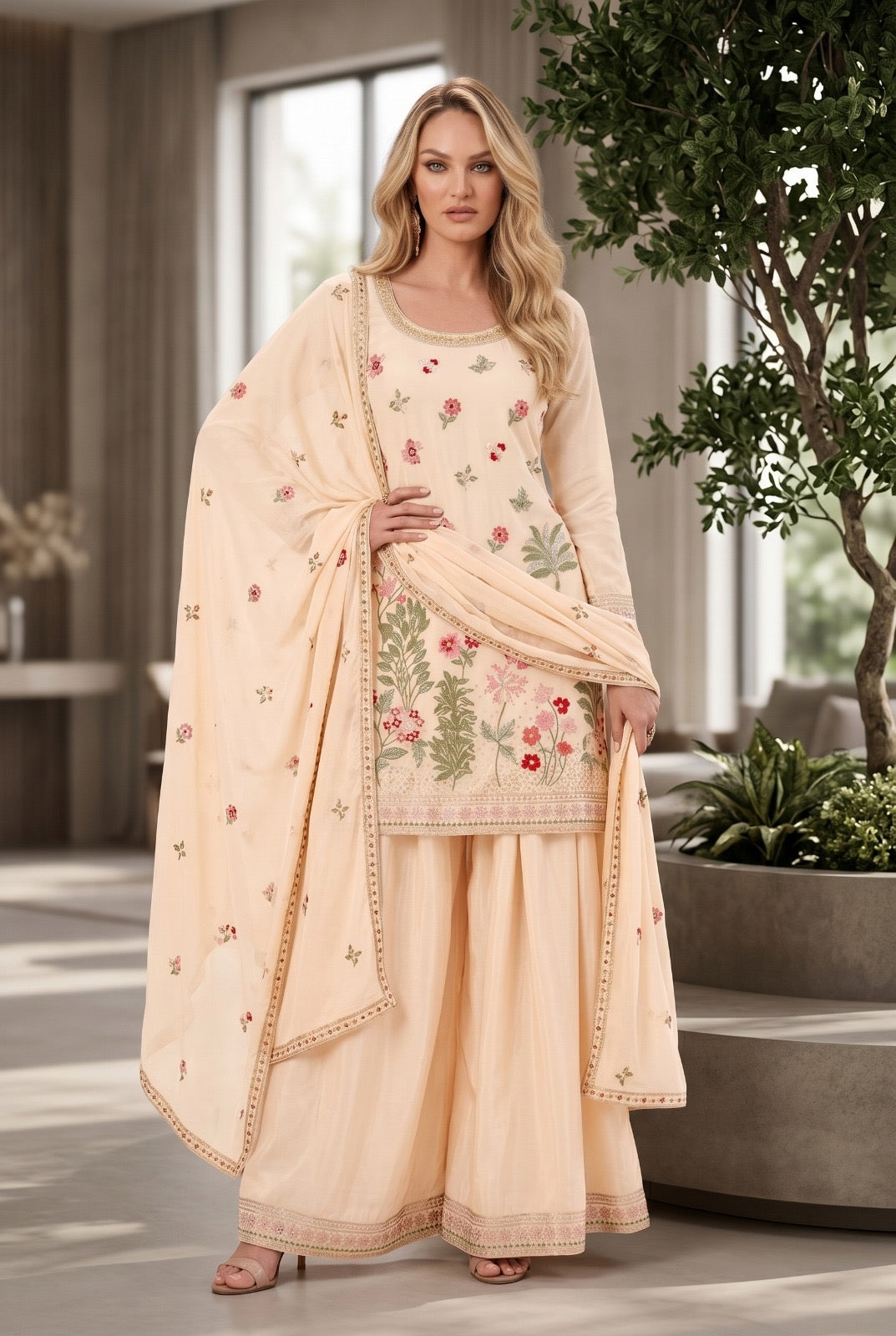 Meadow Bloom Premium Chinon Embroidered Suit Set with Dupatta