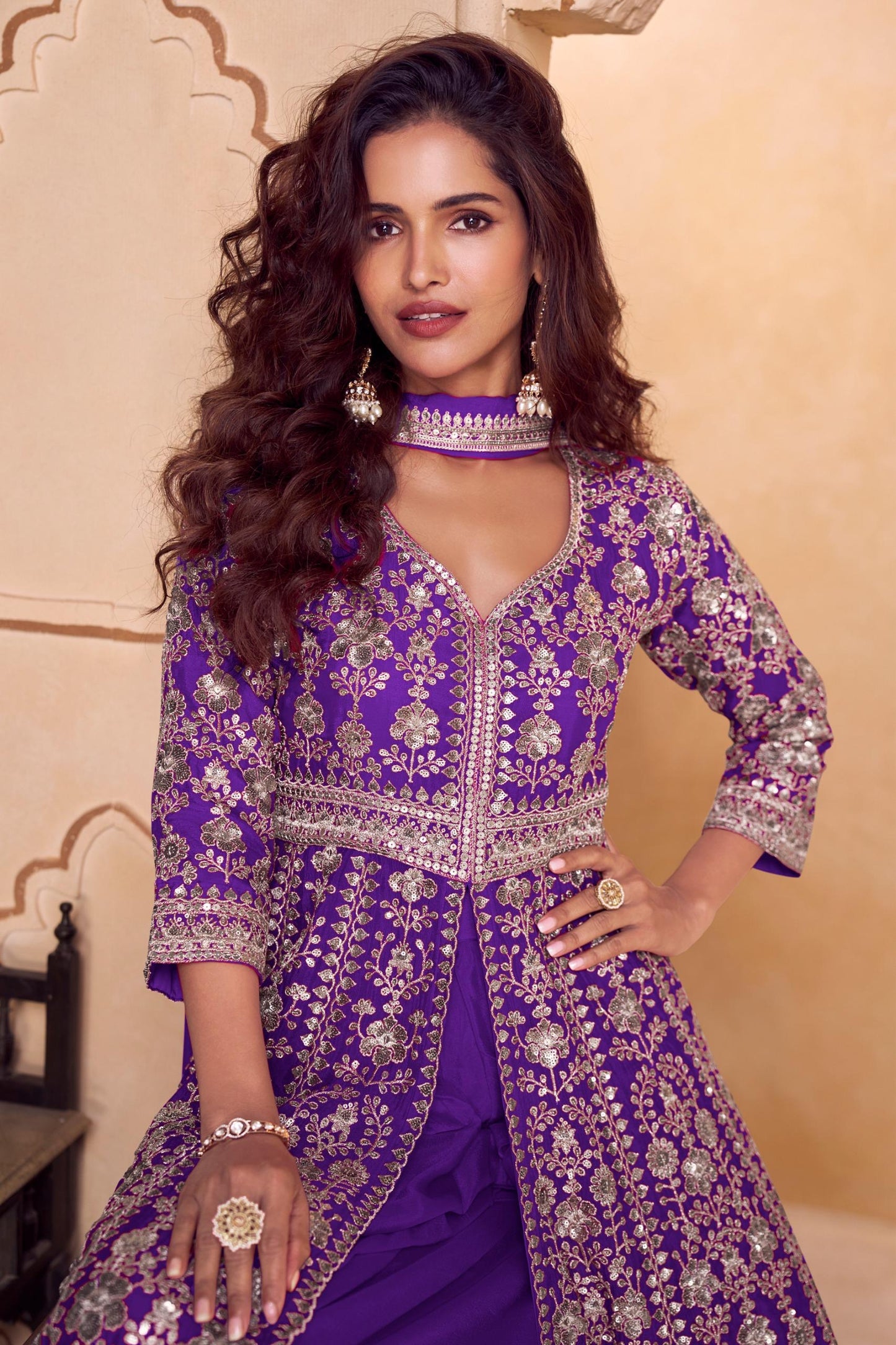 Elaborate silver-toned embroidery luxurious texture Anarkali set