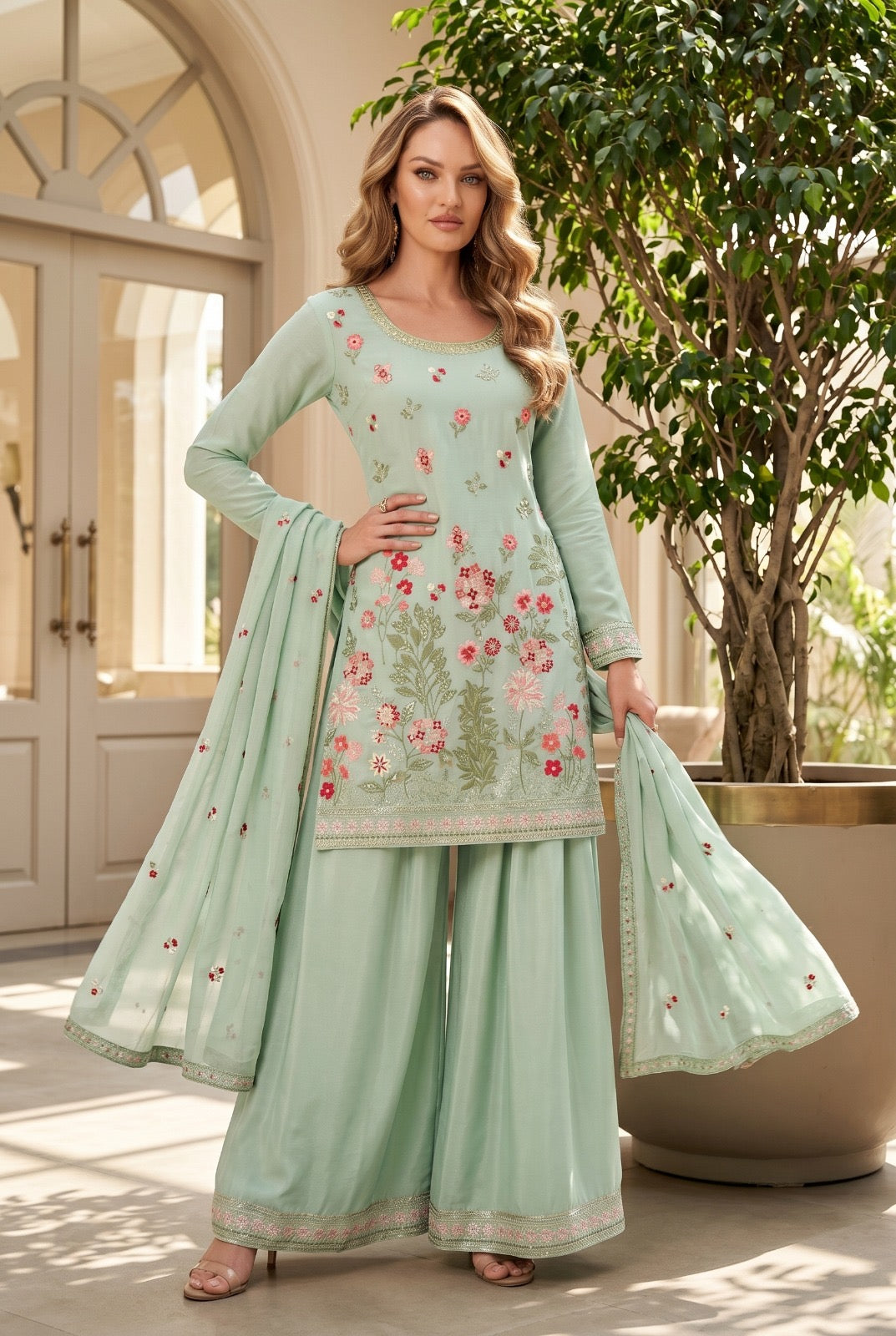 Meadow Bloom Premium Chinon Embroidered Suit Set with Dupatta