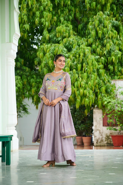 Vichitra Silk Anarkali Gown with Zari Sequin & Multi-Thread Embroidery