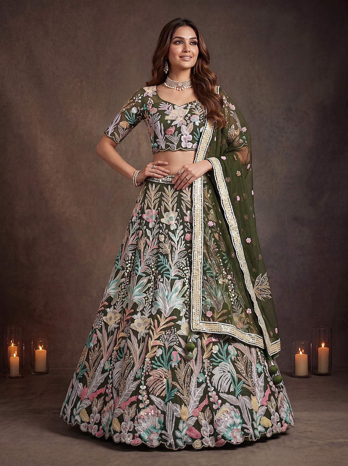 Botanical Floral Embroidered Lehenga Choli with Net Dupatta