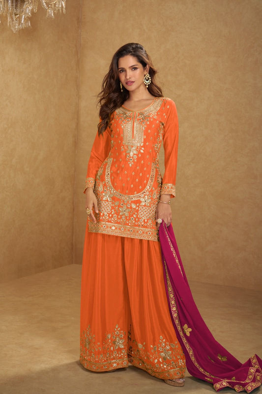 Heavy Zari Work Chinnon Plazo Suit with Contrast Dupatta
