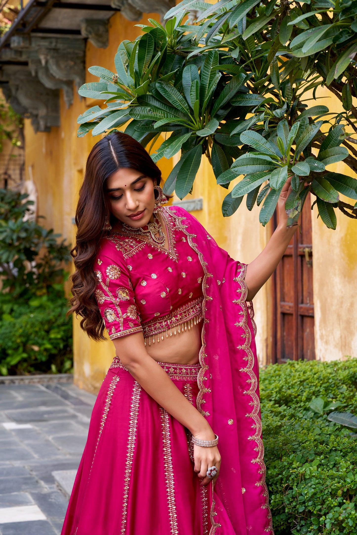 Natural Silk Lehenga Choli with Golden Sequin & Thread Embroidery
