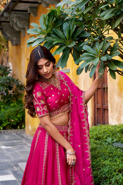 Natural Silk Lehenga Choli with Golden Sequin & Thread Embroidery