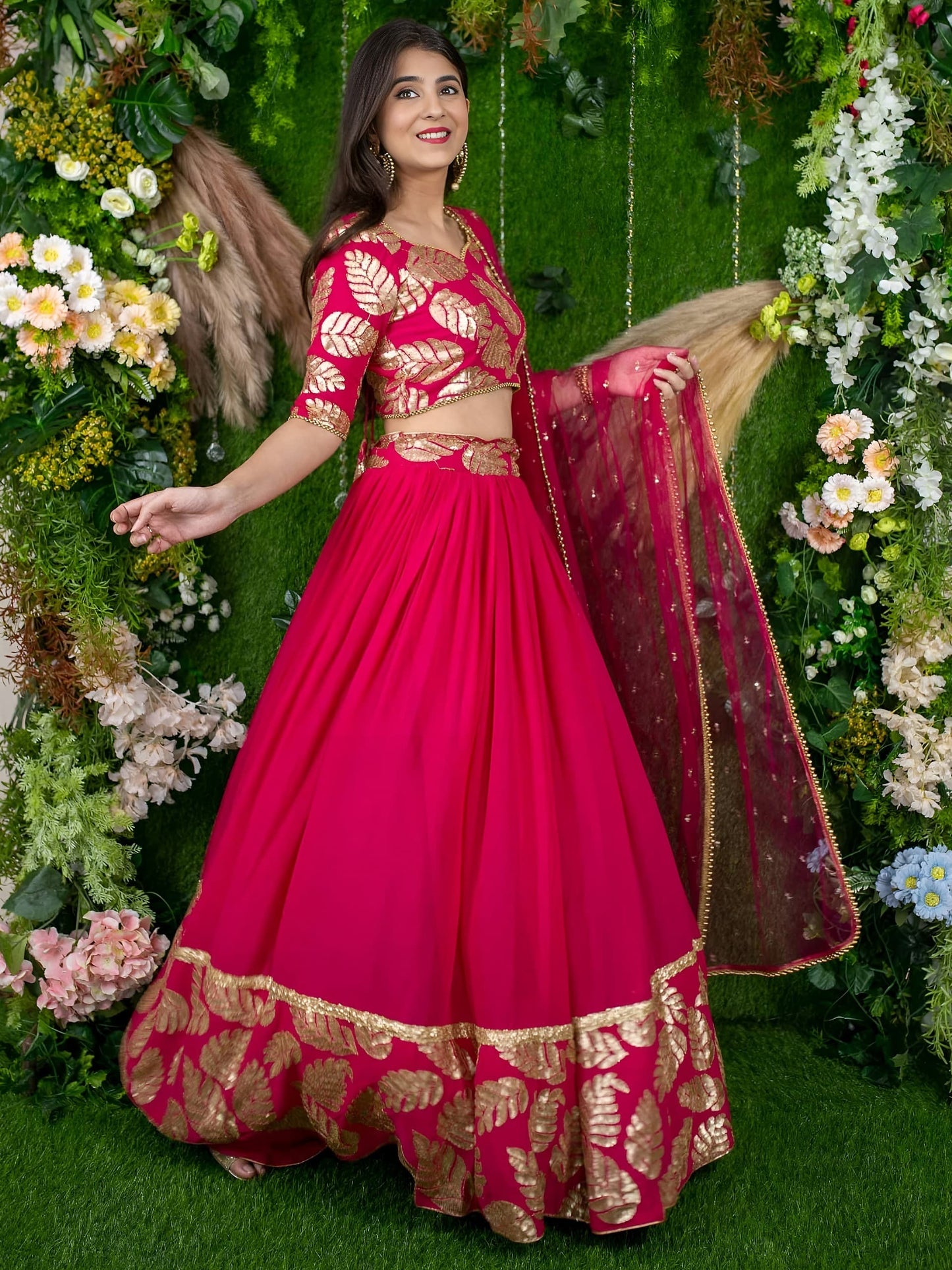 Hot Pink Designer Lehenga with Golden Leaf Embroidery