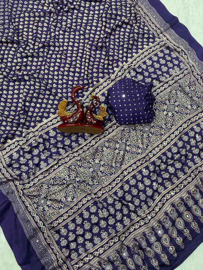 Heritage Ajrakh-print Saree with Tassels