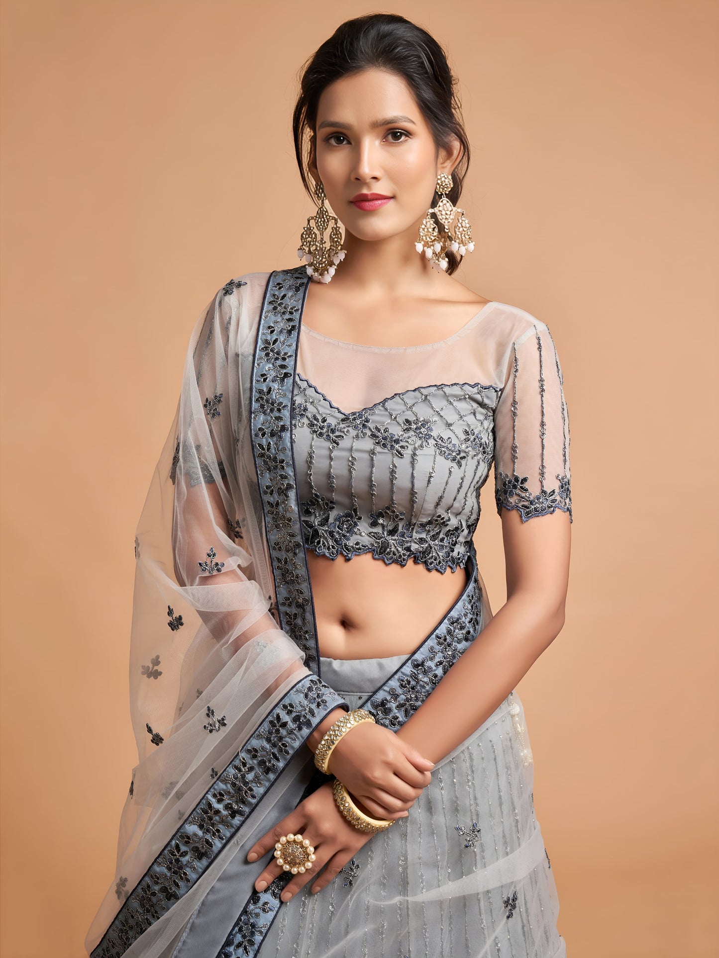 Elegant Grey Embroidered Net Lehenga Choli